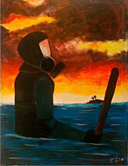 Painting displayed at the MDP Exhibition of Public Inquiry (XOPI) following the coup. As rising seas threaten the small island country, one must ask what is already sinking. A solitary policeman stands waist deep in riot gear, suggesting the loss of justice after three years of hard-won democrac