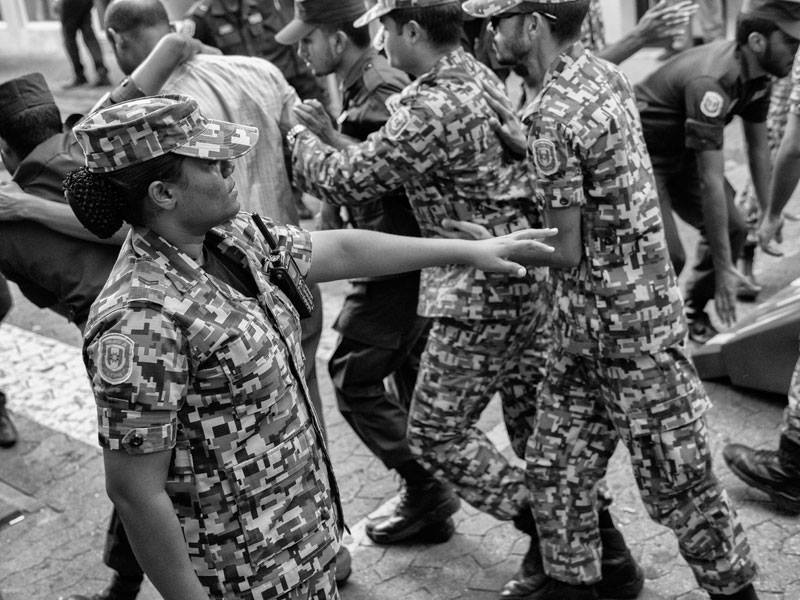 Special operations Police 'keeping peace'. The Maldives Police Service has played a large role in bringing the Maldivian democracy to its current crisis. Photo: Aznym